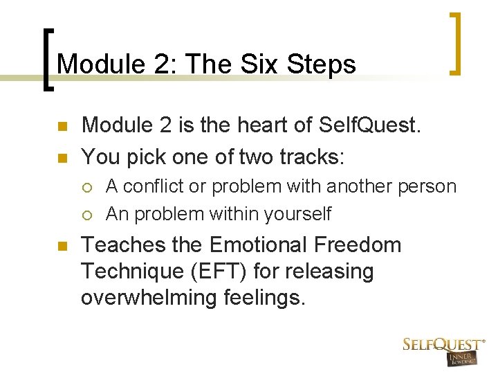 Module 2: The Six Steps n n Module 2 is the heart of Self.