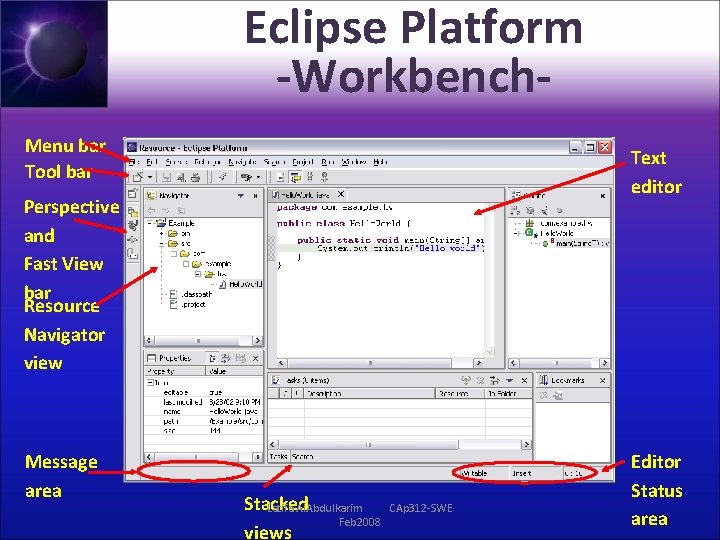 Eclipse Platform -Workbench. Menu bar Tool bar Text editor Perspective and Fast View bar