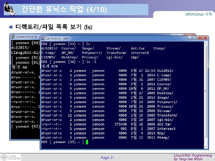 간단한 유닉스 작업 (4/10) UNIX/Linux 시작 디렉토리/파일 목록 보기 (ls) Page 21 Linux/UNIX Programming