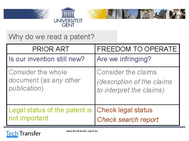 Why do we read a patent? PRIOR ART Is our invention still new? FREEDOM