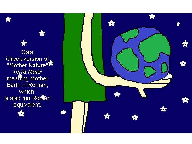  Gaia Greek version of "Mother Nature" Terra Mater meaning Mother Earth in Roman,