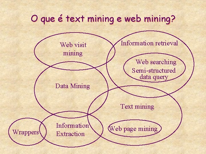 O que é text mining e web mining? Web visit mining Information retrieval Web