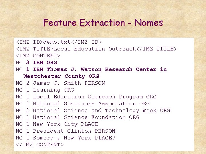 Feature Extraction - Nomes <IMZ ID>demo. txt</IMZ ID> <IMZ TITLE>Local Education Outreach</IMZ TITLE> <IMZ