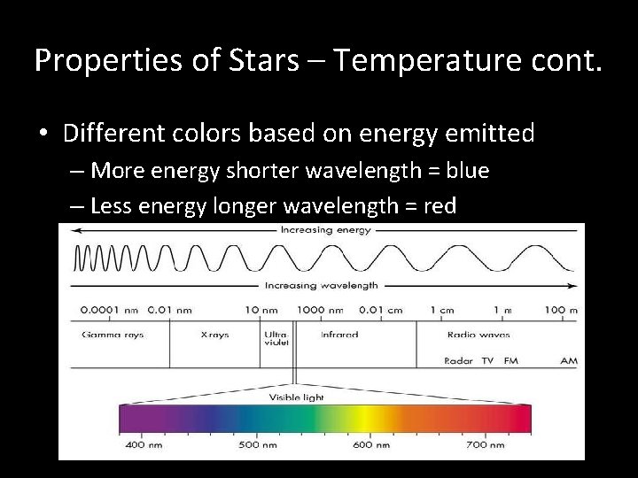 Properties of Stars – Temperature cont. • Different colors based on energy emitted –