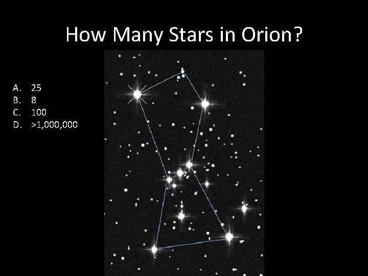 How Many Stars in Orion? A. B. C. D. 25 8 100 >1, 000