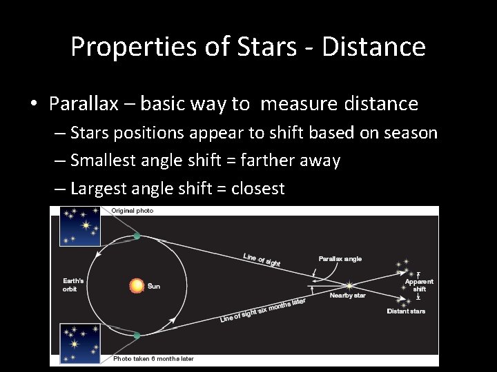 Properties of Stars - Distance • Parallax – basic way to measure distance –