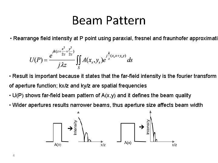 Beam Pattern • Rearrange field intensity at P point using paraxial, fresnel and fraunhofer