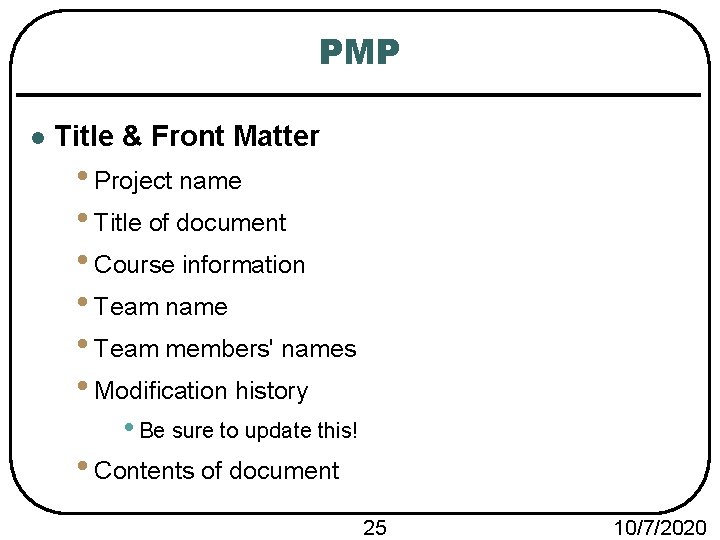 PMP l Title & Front Matter • Project name • Title of document •