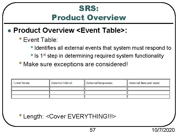 SRS: Product Overview l Product Overview <Event Table>: • Event Table: • Identifies all
