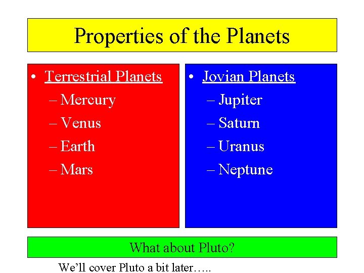 Properties of the Planets • Terrestrial Planets – Mercury – Venus – Earth –