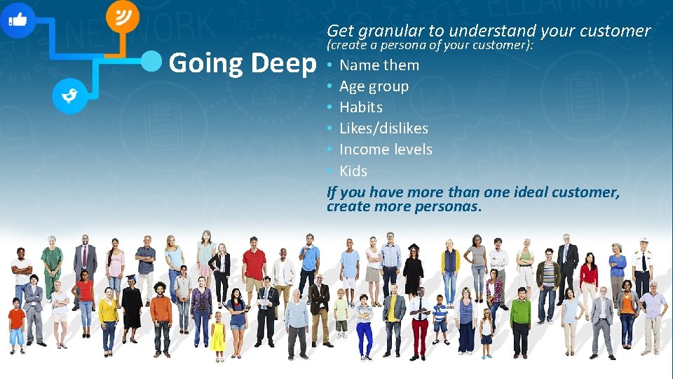 Get granular to understand your customer Going Deep (create a persona of your customer): Get granular to understand your customer Going Deep (create a persona of your customer):