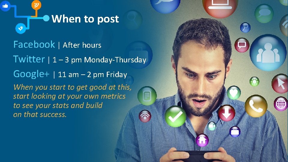 When to post Facebook | After hours Twitter | 1 – 3 pm Monday-Thursday When to post Facebook | After hours Twitter | 1 – 3 pm Monday-Thursday