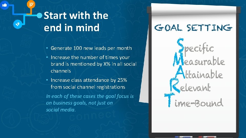 Start with the end in mind • Generate 100 new leads per month • Start with the end in mind • Generate 100 new leads per month •