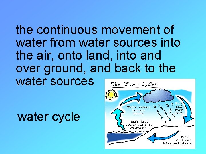 the continuous movement of water from water sources into the air, onto land, into