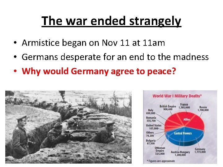 The war ended strangely • Armistice began on Nov 11 at 11 am •