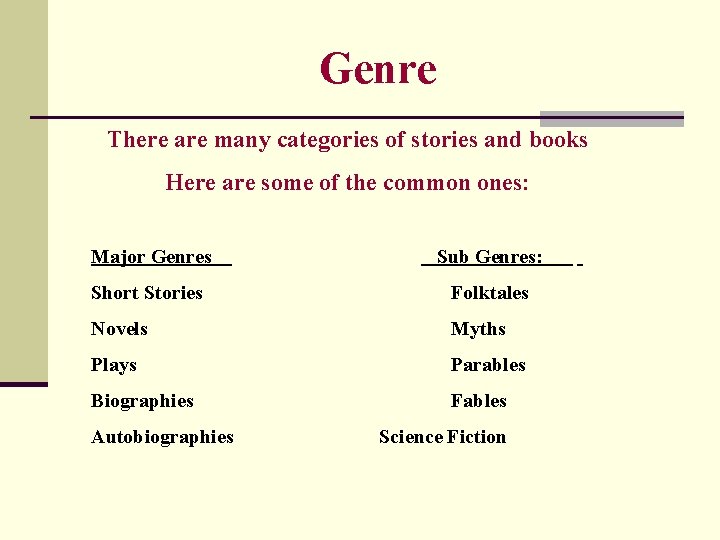 Genre There are many categories of stories and books Here are some of the