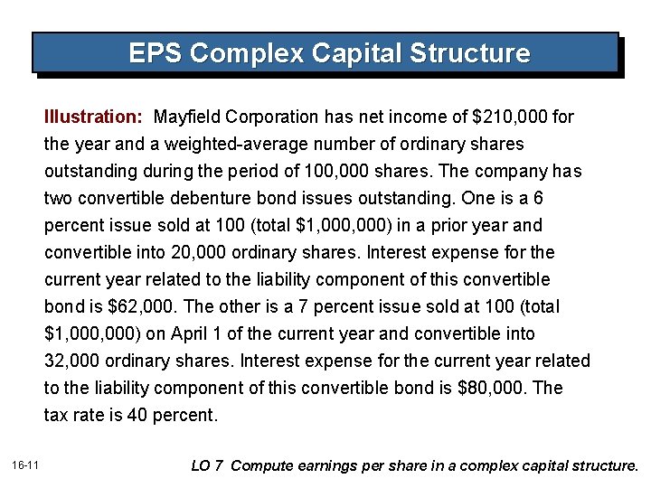 EPS Complex Capital Structure Illustration: Mayfield Corporation has net income of $210, 000 for