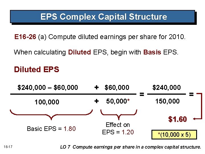 EPS Complex Capital Structure E 16 -26 (a) Compute diluted earnings per share for