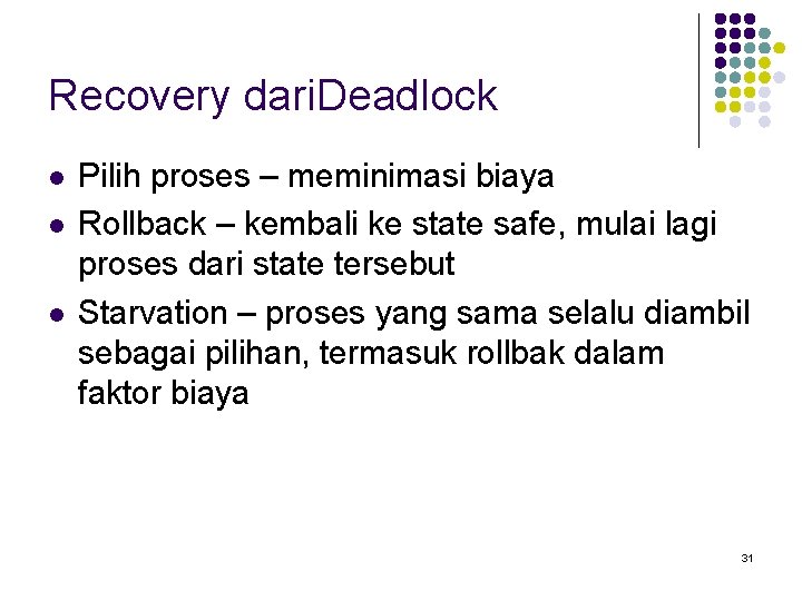 Recovery dari. Deadlock l l l Pilih proses – meminimasi biaya Rollback – kembali