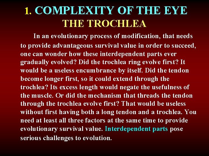 1. COMPLEXITY OF THE EYE THE TROCHLEA In an evolutionary process of modification, that