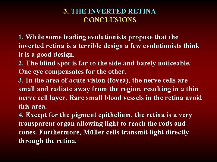 3. THE INVERTED RETINA CONCLUSIONS 1. While some leading evolutionists propose that the inverted