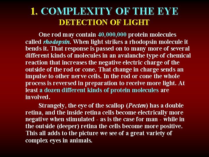 1. COMPLEXITY OF THE EYE DETECTION OF LIGHT One rod may contain 40, 000