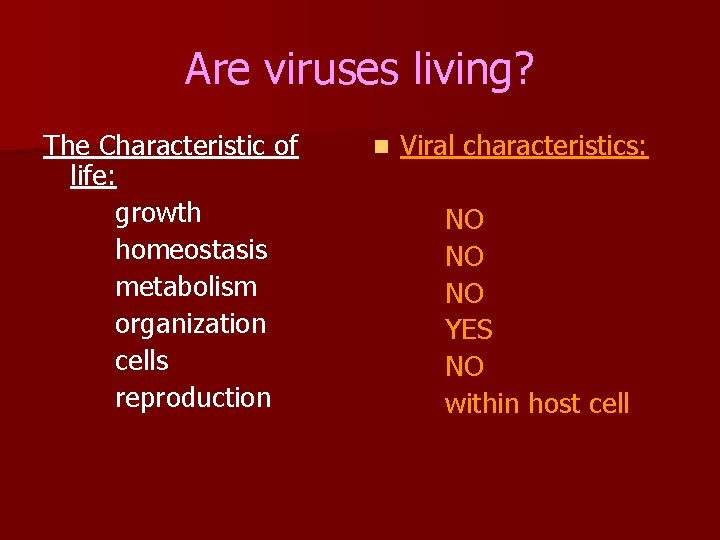 Are viruses living? The Characteristic of life: growth homeostasis metabolism organization cells reproduction n