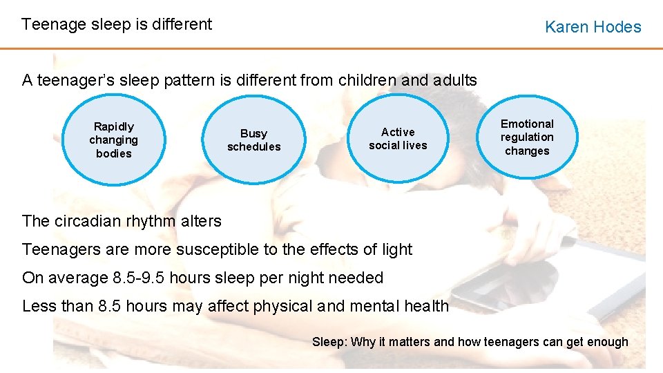 Teenage sleep is different Karen Hodes A teenager’s sleep pattern is different from children Teenage sleep is different Karen Hodes A teenager’s sleep pattern is different from children
