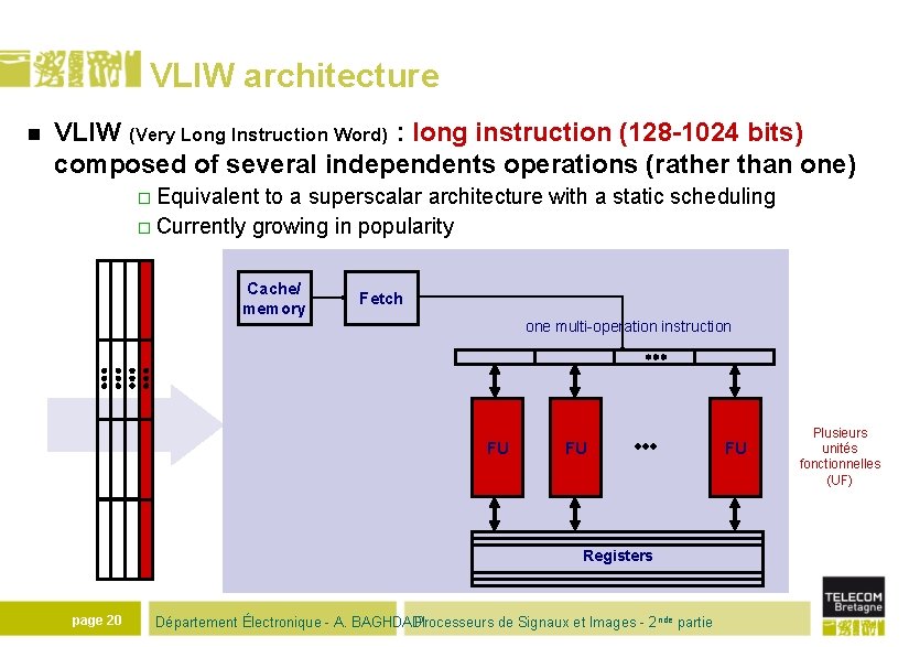 VLIW architecture n VLIW (Very Long Instruction Word) : long instruction (128 -1024 bits)