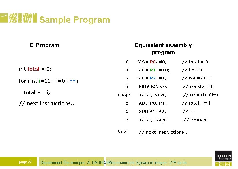 Sample Program C Program Equivalent assembly program 0 MOV R 0, #0; // total