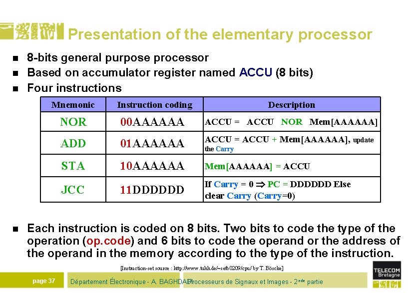 Presentation of the elementary processor n n n 8 -bits general purpose processor Based