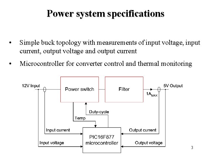 Power system specifications • Simple buck topology with measurements of input voltage, input current,