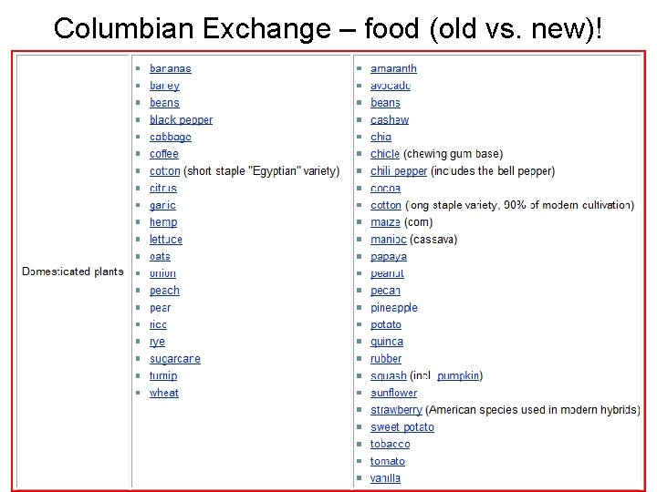 Columbian Exchange – food (old vs. new)! 