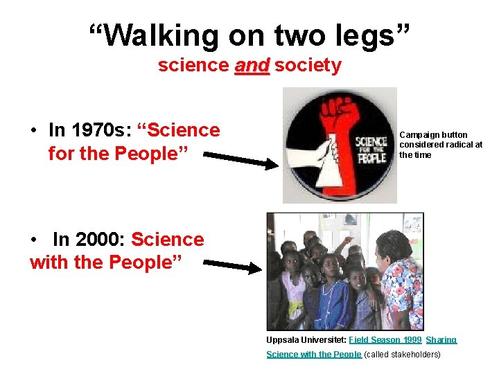 “Walking on two legs” science and society and • In 1970 s: “Science for