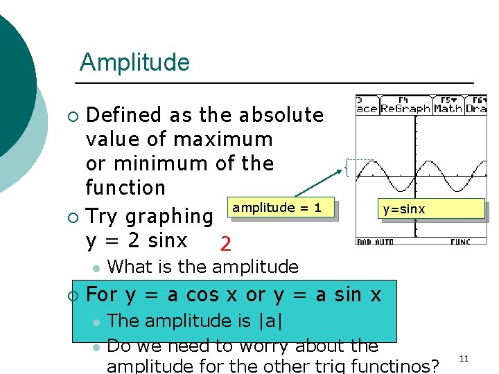 Amplitude Defined as the absolute value of maximum or minimum of the function amplitude