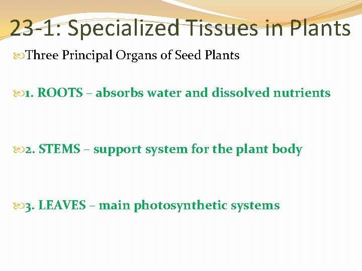 23 -1: Specialized Tissues in Plants Three Principal Organs of Seed Plants 1. ROOTS
