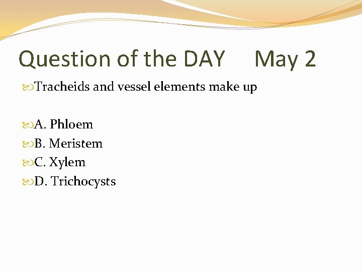 Question of the DAY May 2 Tracheids and vessel elements make up A. Phloem