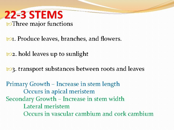 22 -3 STEMS Three major functions 1. Produce leaves, branches, and flowers. 2. hold