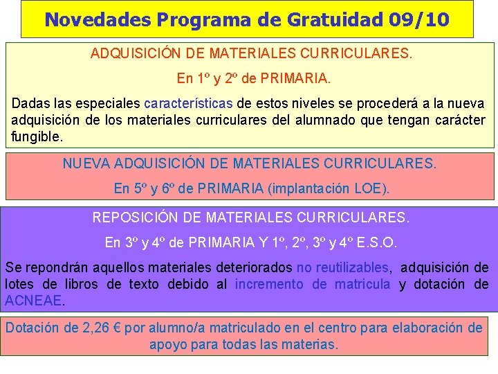 Novedades Programa de Gratuidad 09/10 ADQUISICIÓN DE MATERIALES CURRICULARES. En 1º y 2º de