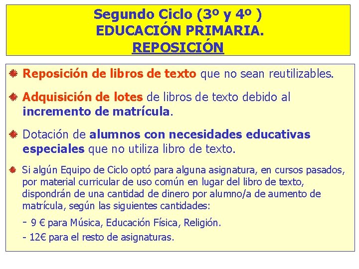 Segundo Ciclo (3º y 4º ) EDUCACIÓN PRIMARIA. REPOSICIÓN Reposición de libros de texto