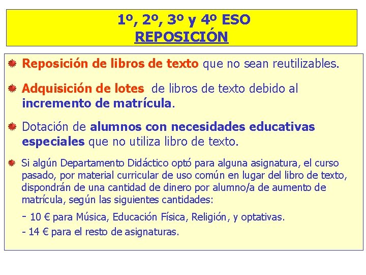 1º, 2º, 3º y 4º ESO REPOSICIÓN Reposición de libros de texto que no