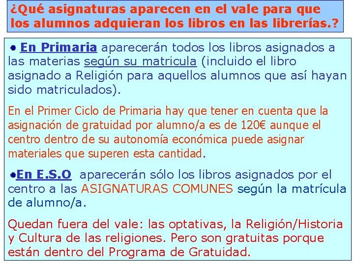 ¿Qué asignaturas aparecen en el vale para que los alumnos adquieran los libros en