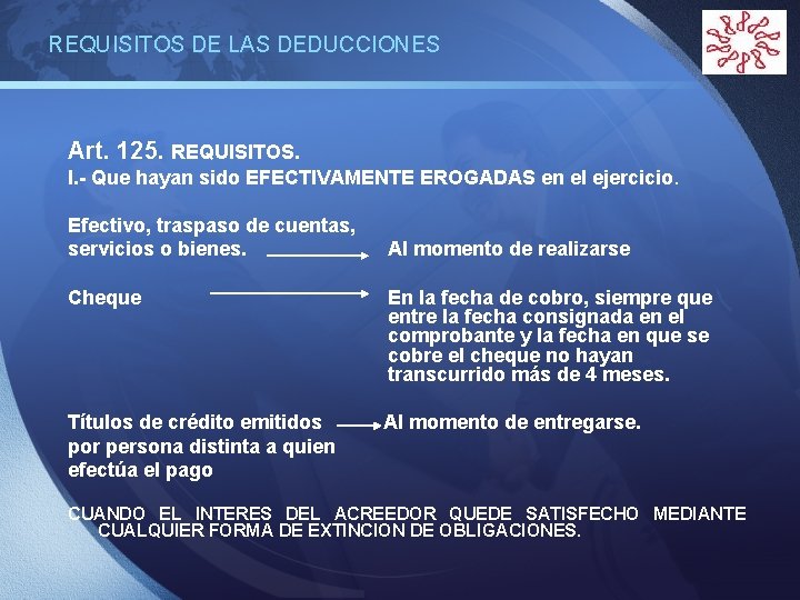 REQUISITOS DE LAS DEDUCCIONES LOGO Art. 125. REQUISITOS. I. - Que hayan sido EFECTIVAMENTE