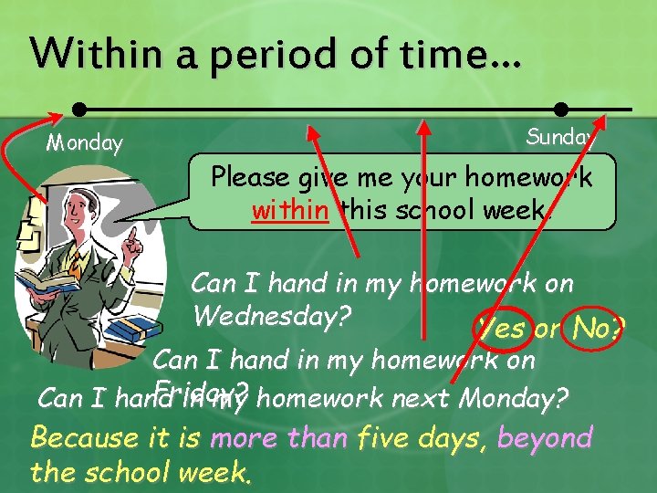 Within a period of time… Monday Sunday Please give me your homework within this