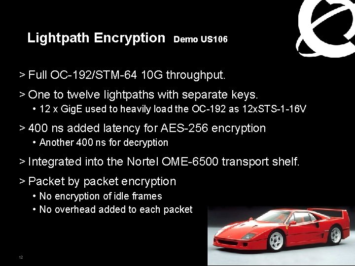 Lightpath Encryption Demo US 106 > Full OC-192/STM-64 10 G throughput. > One to