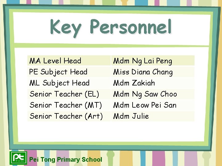 Key Personnel MA Level Head Mdm Ng Lai Peng PE Subject Head Miss Diana