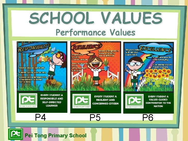 SCHOOL VALUES Performance Values P 4 Pei Tong Primary School P 5 P 6