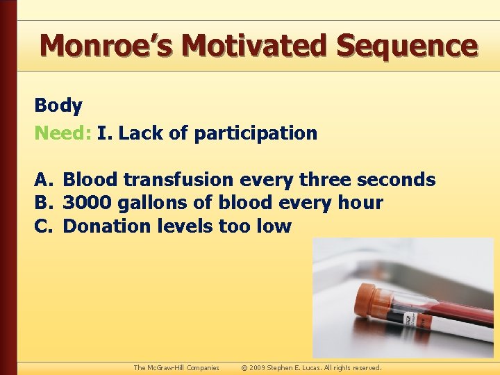 Monroe’s Motivated Sequence Body Need: I. Lack of participation A. Blood transfusion every three