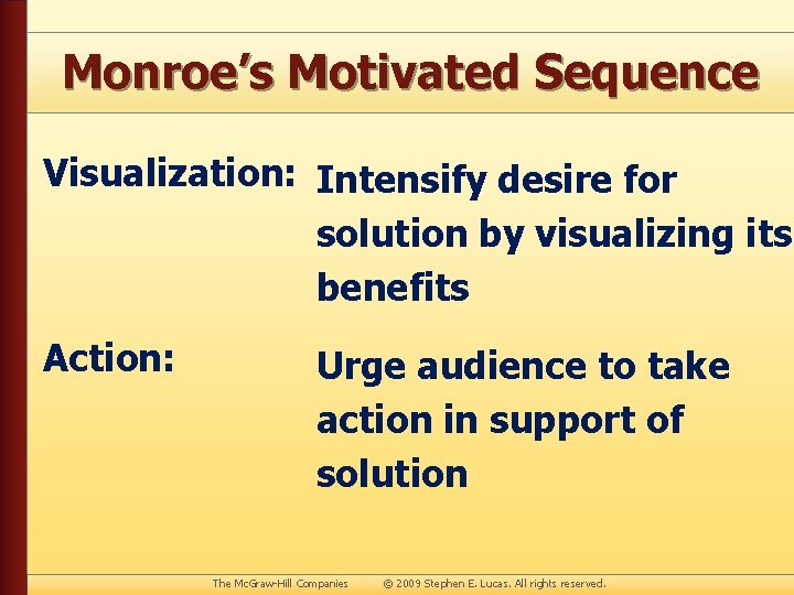 Monroe’s Motivated Sequence Visualization: Intensify desire for solution by visualizing its benefits Action: Urge