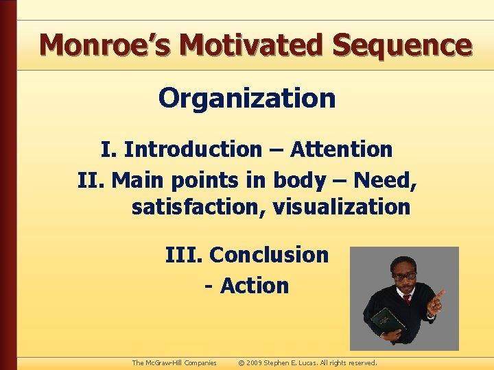 Monroe’s Motivated Sequence Organization I. Introduction – Attention II. Main points in body –